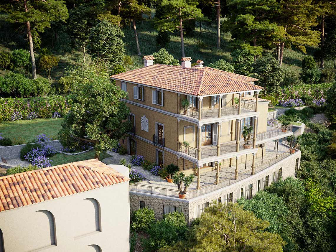 3D Render mit Luftbild, französische Villa