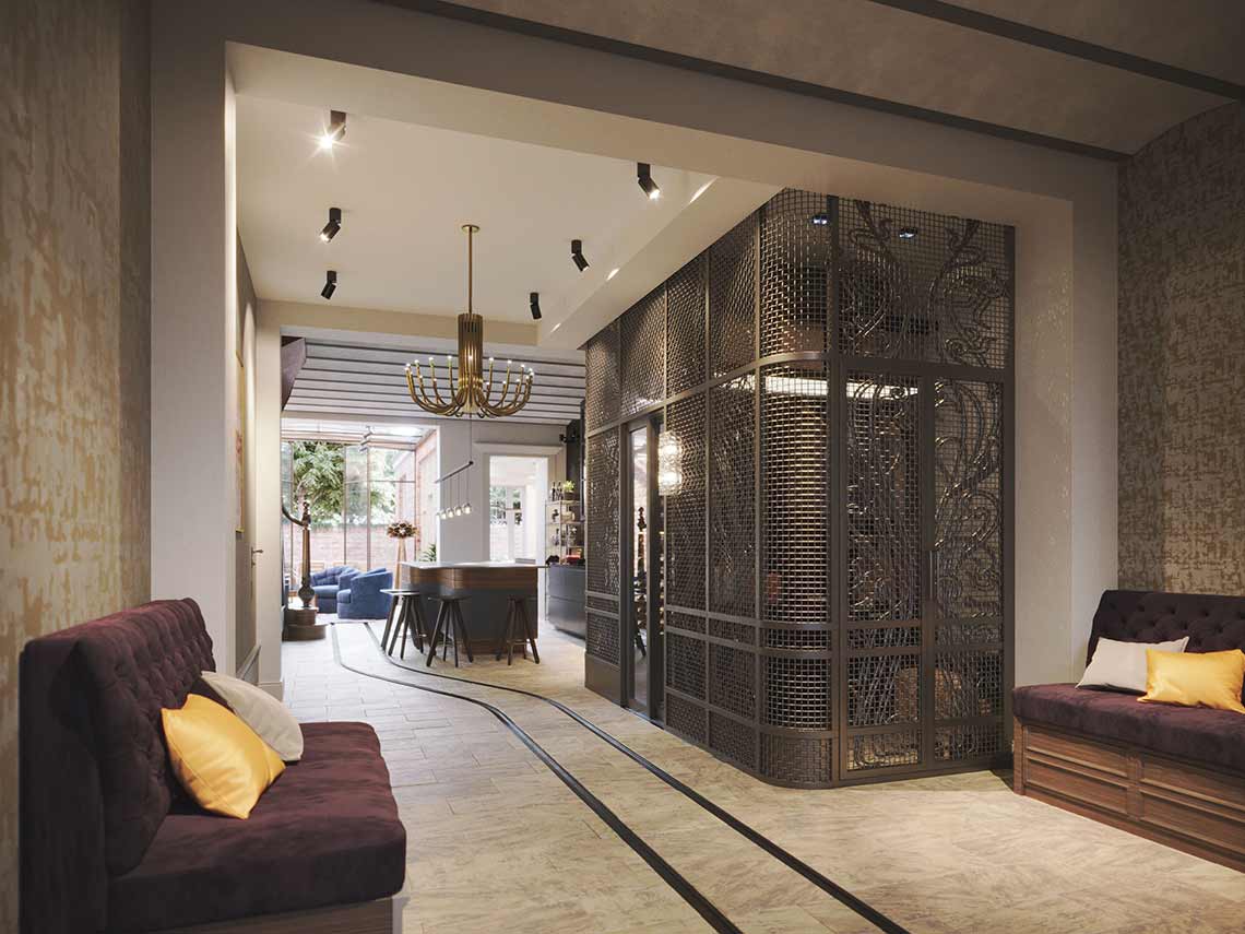 CGI des Eingangsbereichs in einer Wohnung im Art-Deco-Stil in Amsterdam