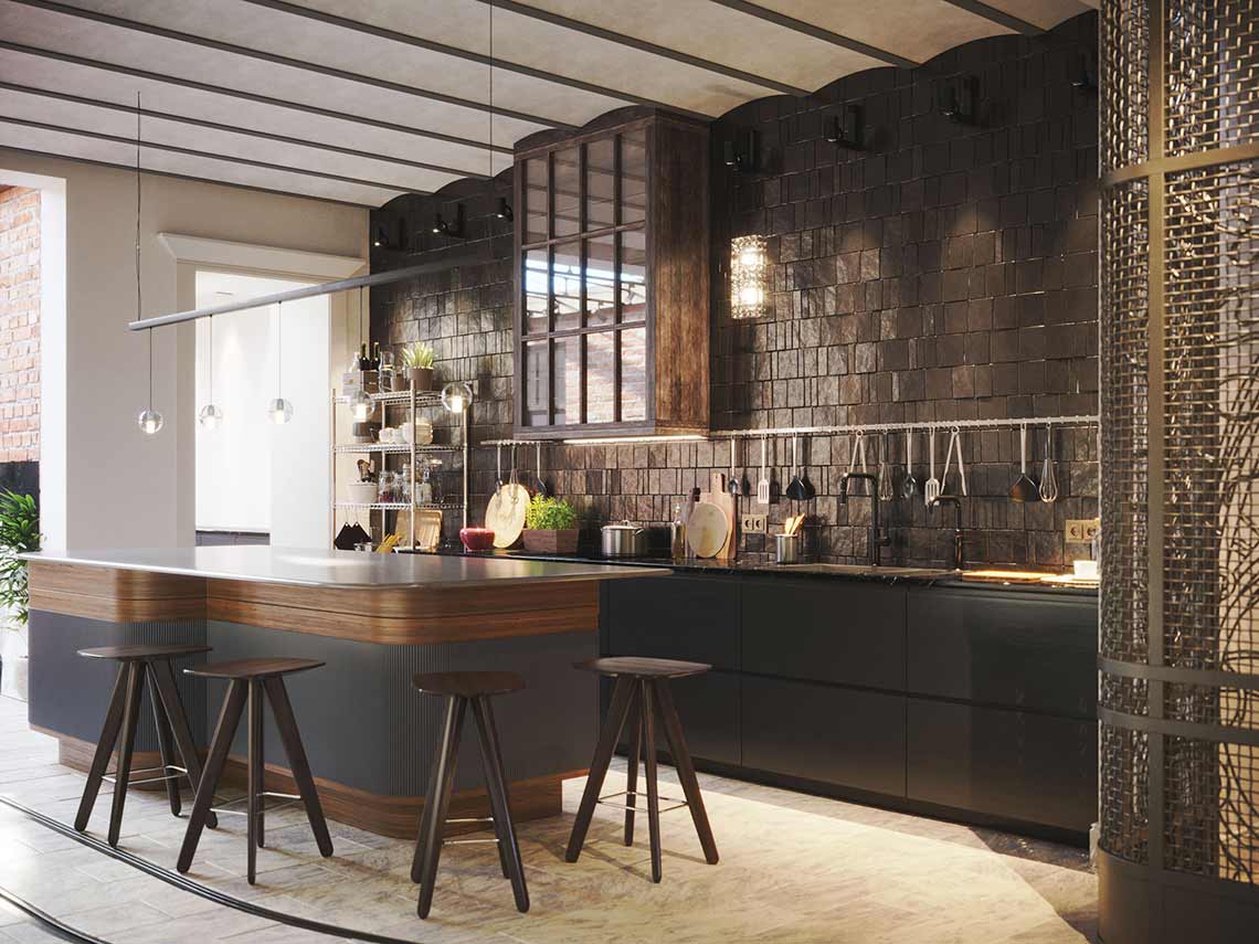 3D-Visualisierung des Bar- und Küchenbereichs in einer Luxuswohnung in Amsterdam