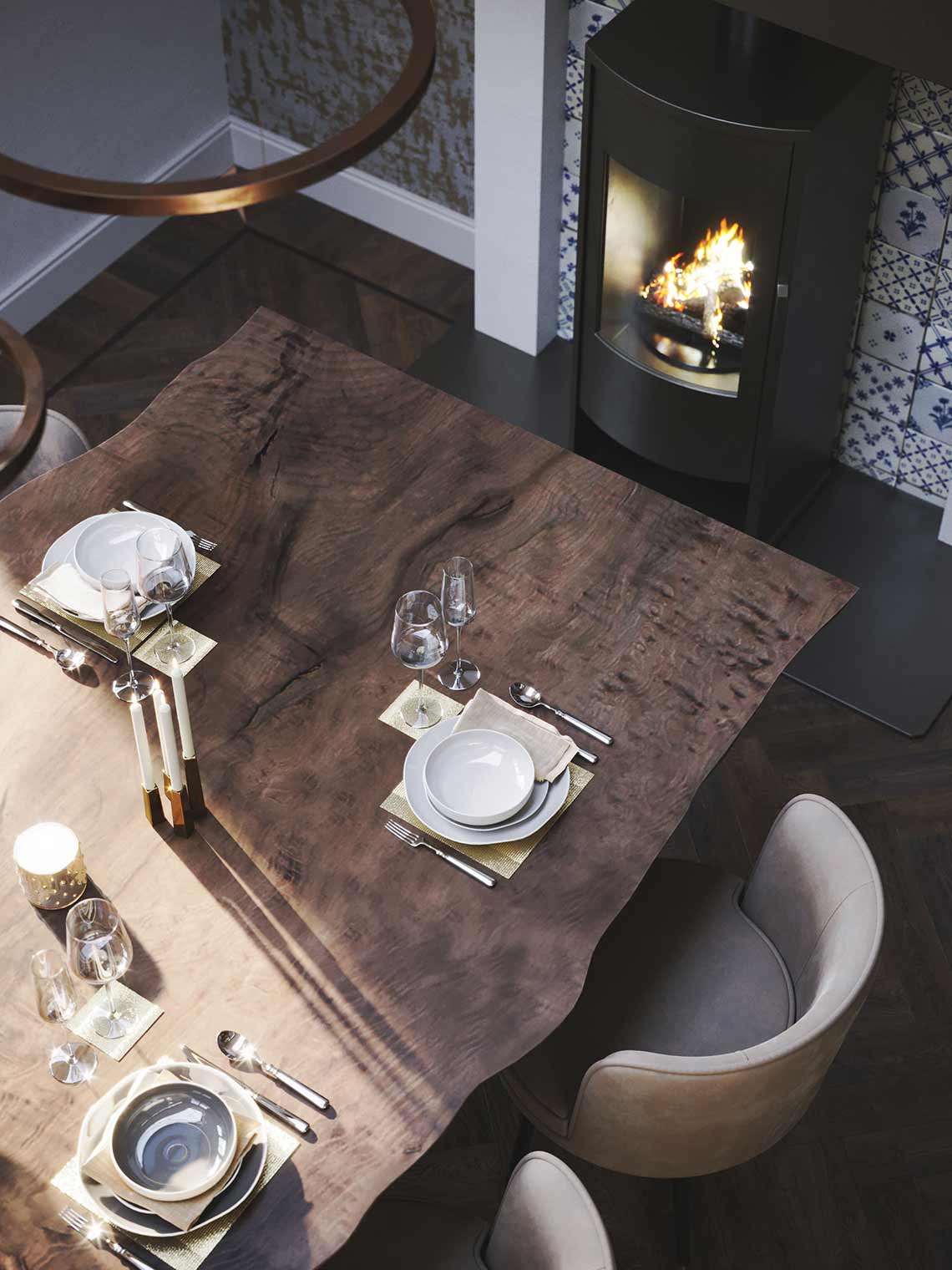 Nahaufnahme Visualisierung des Tisches im Essbereich der Amsterdamse Luxe Wohnung