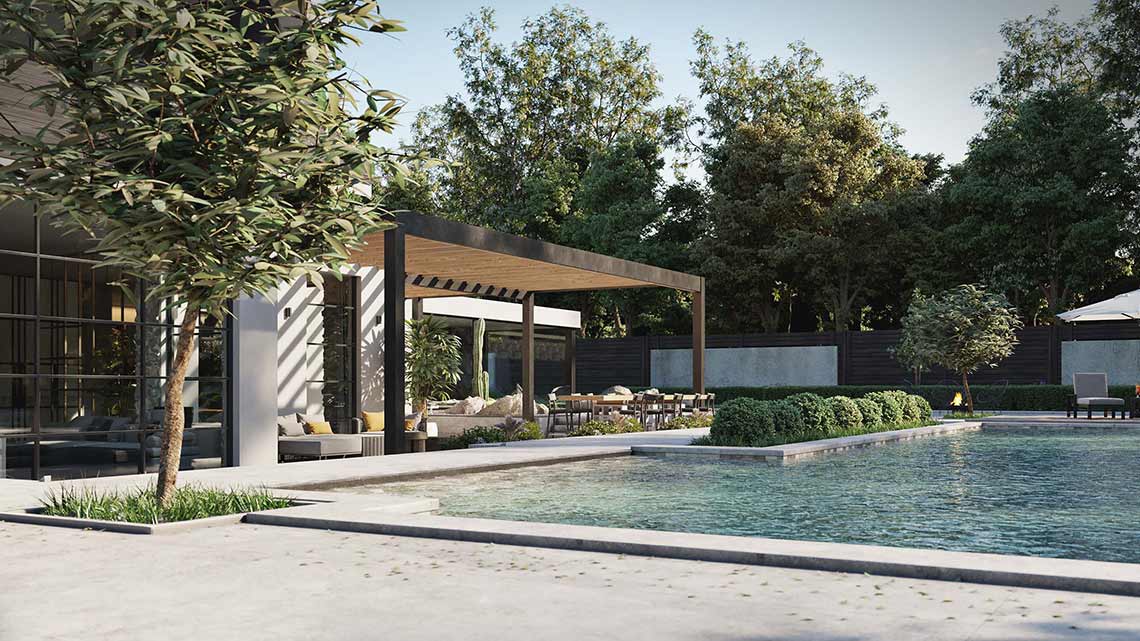 3D Visualisierung einer modernen Villa mit Poolblick