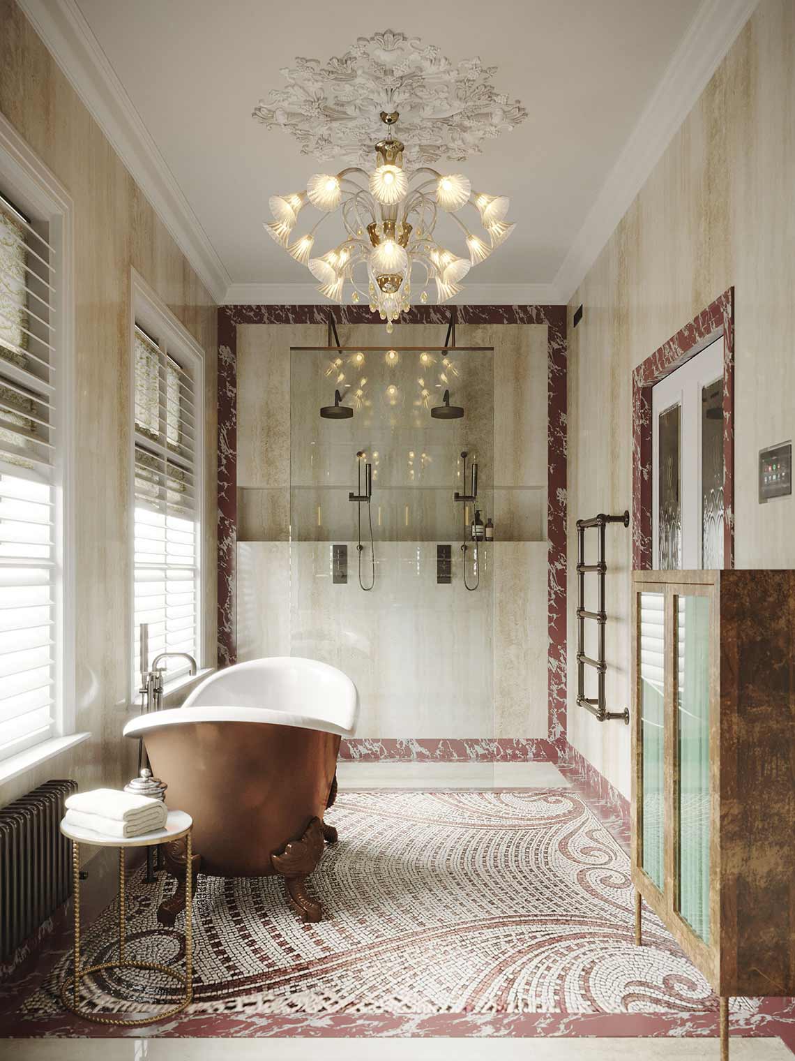 3D-Rendering des Duschbereichs in der Wohnung von Luxe Amsterdam