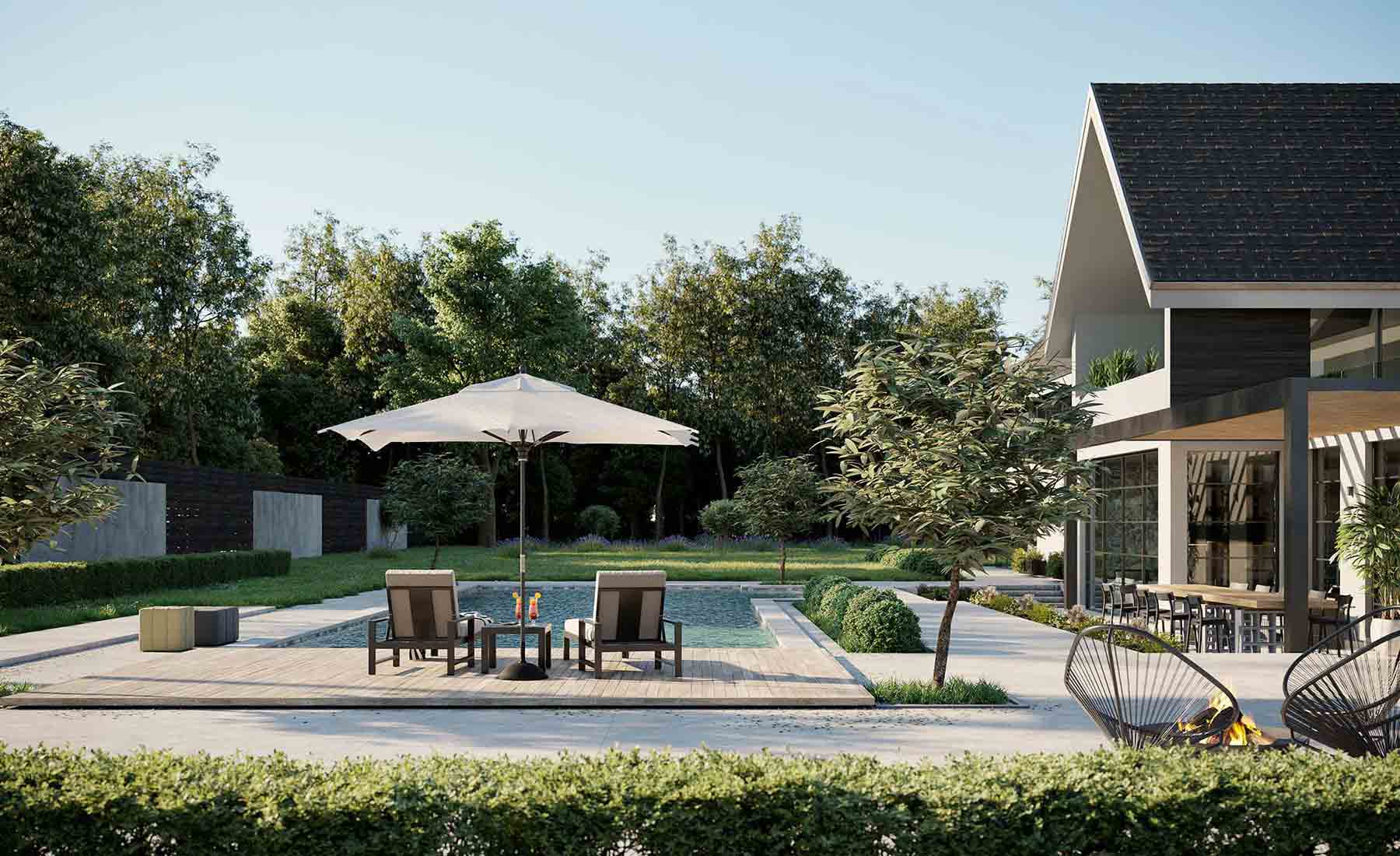pool ansicht visualisierung für terrasse von moderne villa in uk